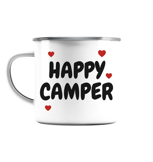 Happy Camper - Personalisierbar mit eigenem Namen - Emaille Tasse (Silber)