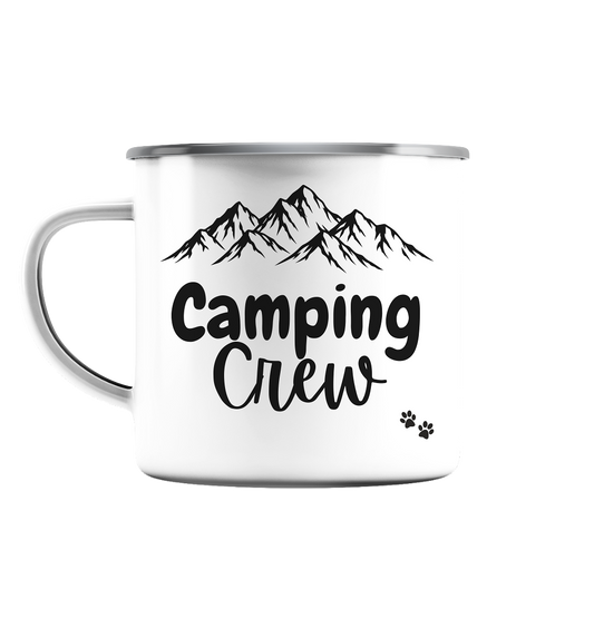 Camping Crew - Hundeversion mit eigenen Namen - Personalisierbar - Emaille Tasse (Silber)