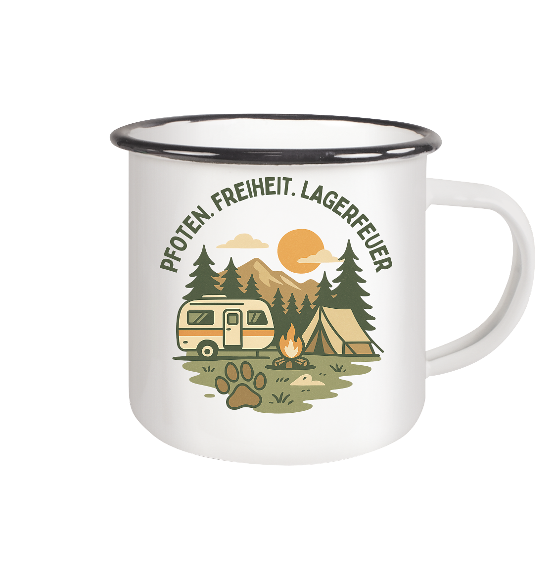 Camping mit Hund - Pfoten. Freiheit. Lagerfeuer - Emaille Tasse (Black)