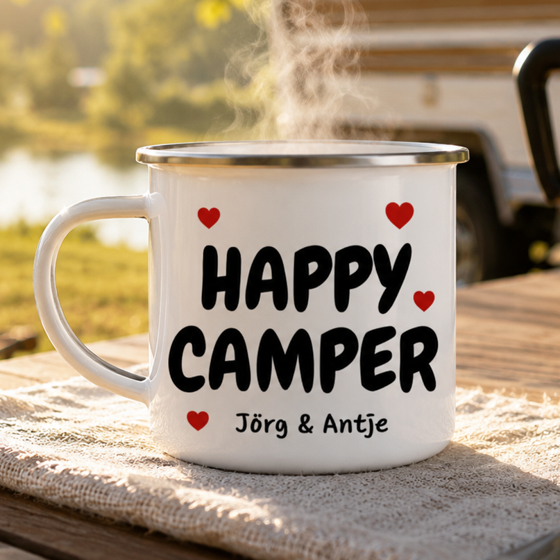 Happy Camper - Personalisierbar mit eigenem Namen - Emaille Tasse (Silber)