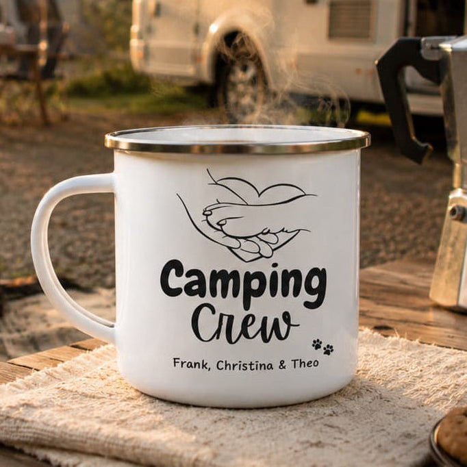 Camping Crew - Hundepfote - Mit eigenen Namen - Emaille Tasse (Silber)