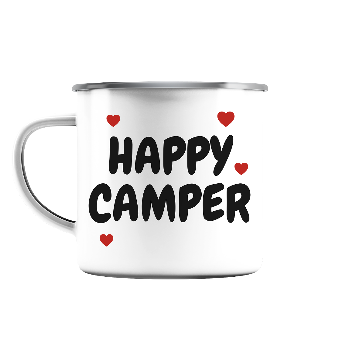 Happy Camper - Personalisierbar mit eigenem Namen - Emaille Tasse (Silber)