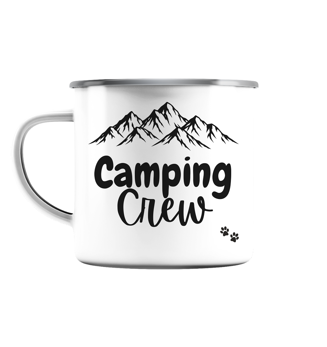 Camping Crew - Hundeversion mit eigenen Namen - Personalisierbar - Emaille Tasse (Silber)