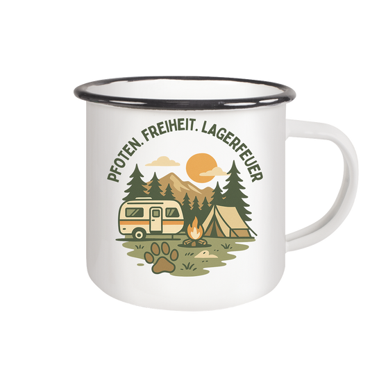 Camping mit Hund - Pfoten. Freiheit. Lagerfeuer - Emaille Tasse (Black)